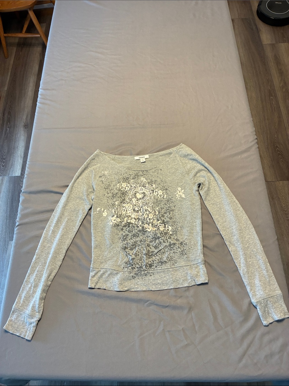 Express Light Gray Metallic Floral Scoop Neck Sweater
